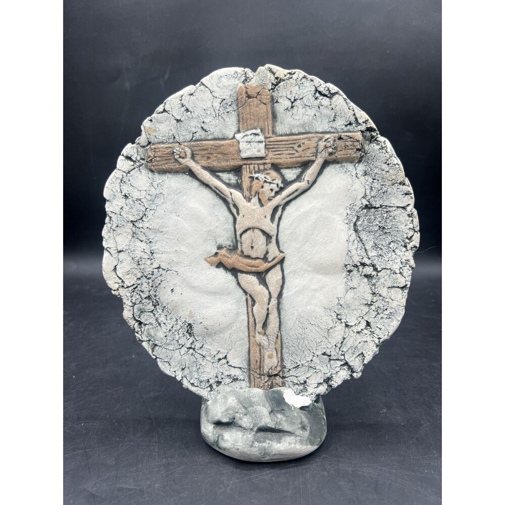 Vintage Jesus Crucifix Plaque Faux Stone Resin Religious Decor Tabletop Stand